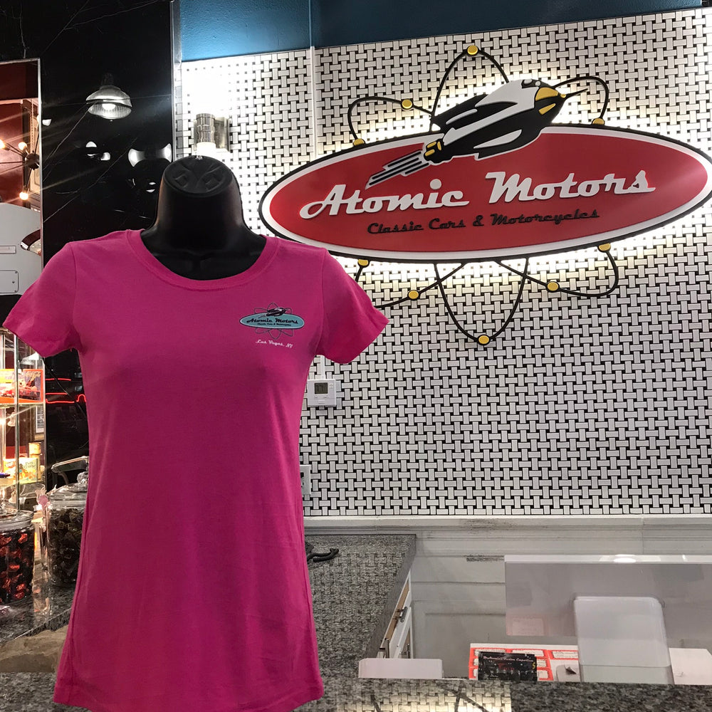 Ladies T-Shirt,Atomic Motors Retro Star Vehicle,Raspberry