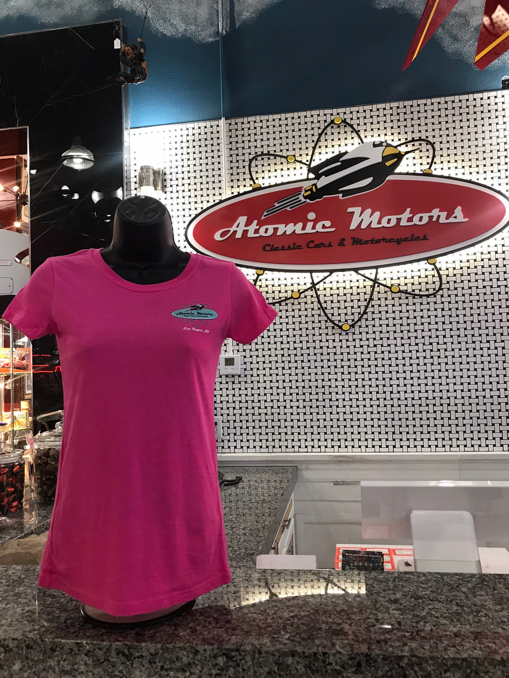 Ladies T-Shirt,Atomic Motors Retro Star Vehicle,Raspberry