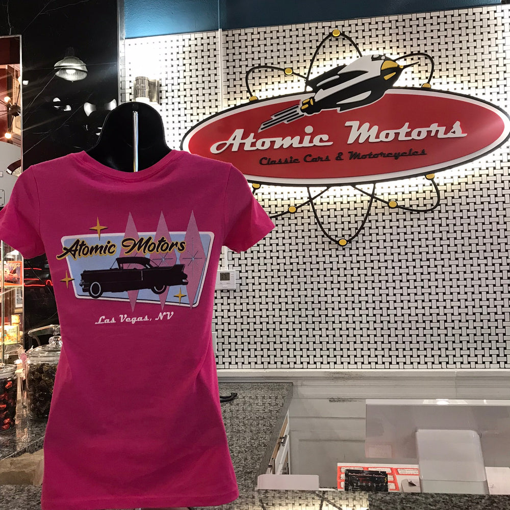 Ladies T-Shirt,Atomic Motors Retro Star Vehicle,Raspberry