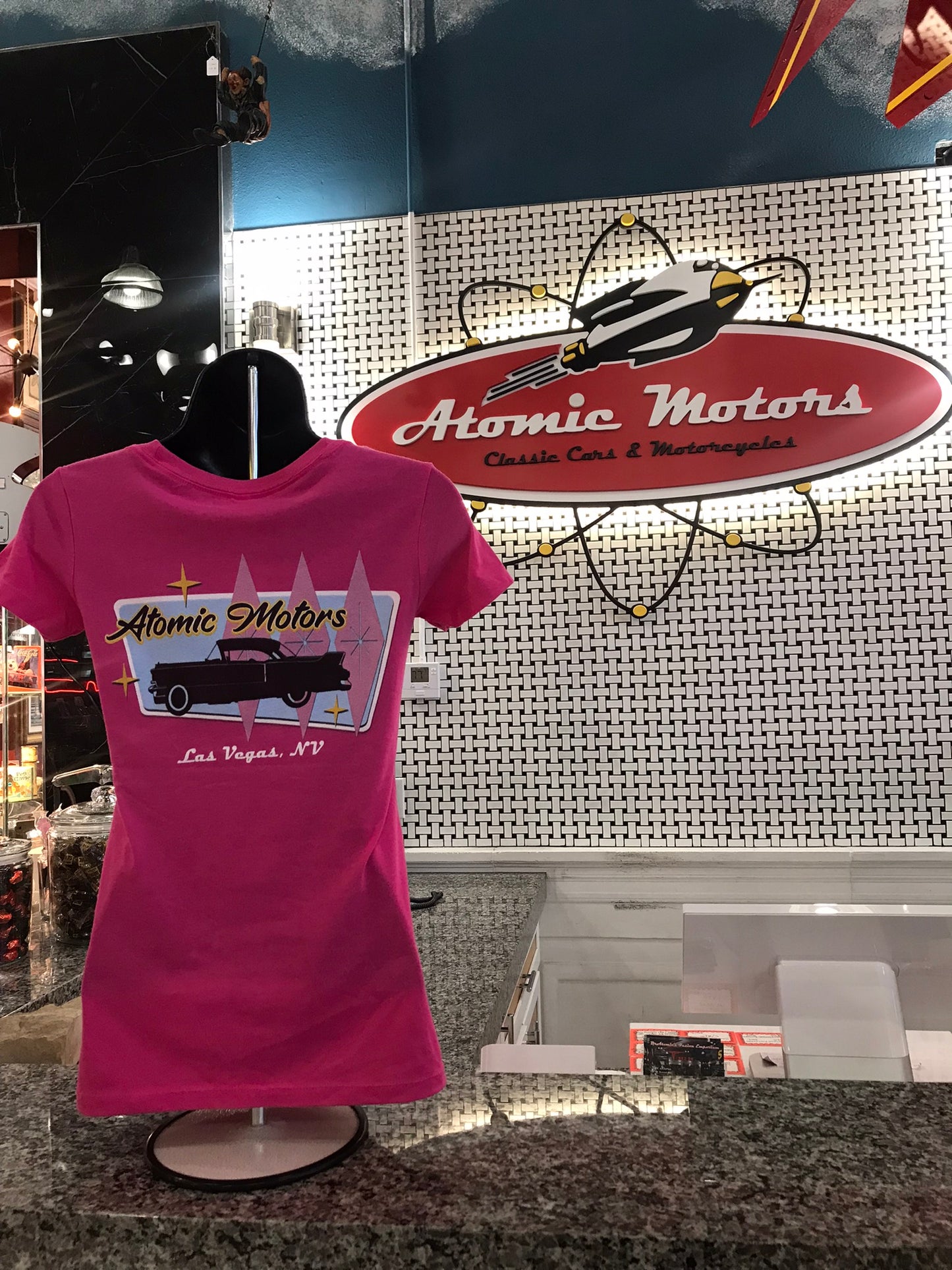 Ladies T-Shirt,Atomic Motors Retro Star Vehicle,Raspberry