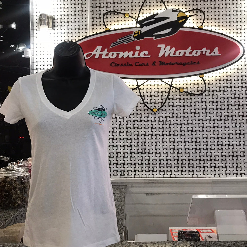 Ladies T-Shirt,Atomic Motors Retro Logo,V-Neck,White