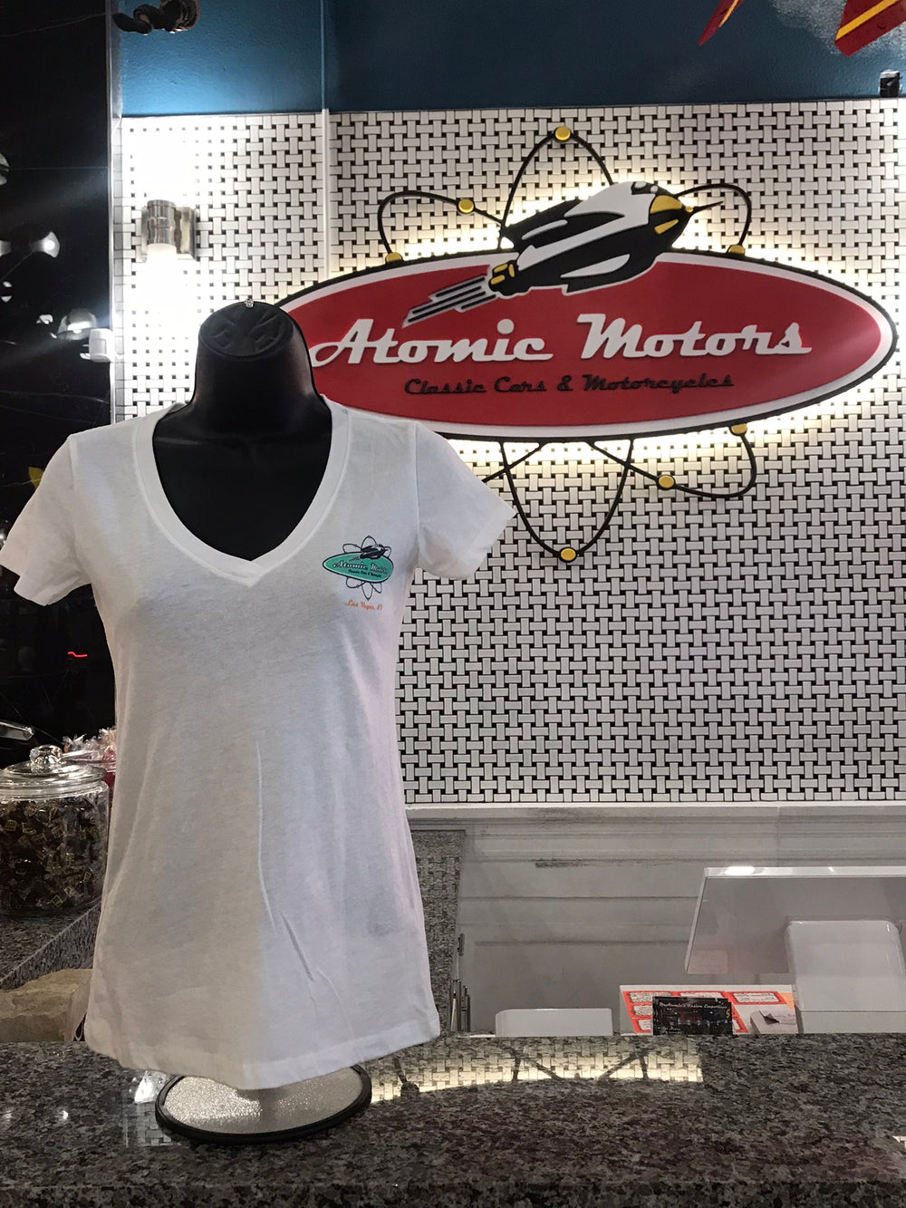 Ladies T-Shirt,Atomic Motors Retro Logo,V-Neck,White