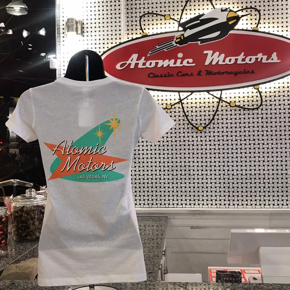 Ladies T-Shirt,Atomic Motors Retro Logo,V-Neck,White