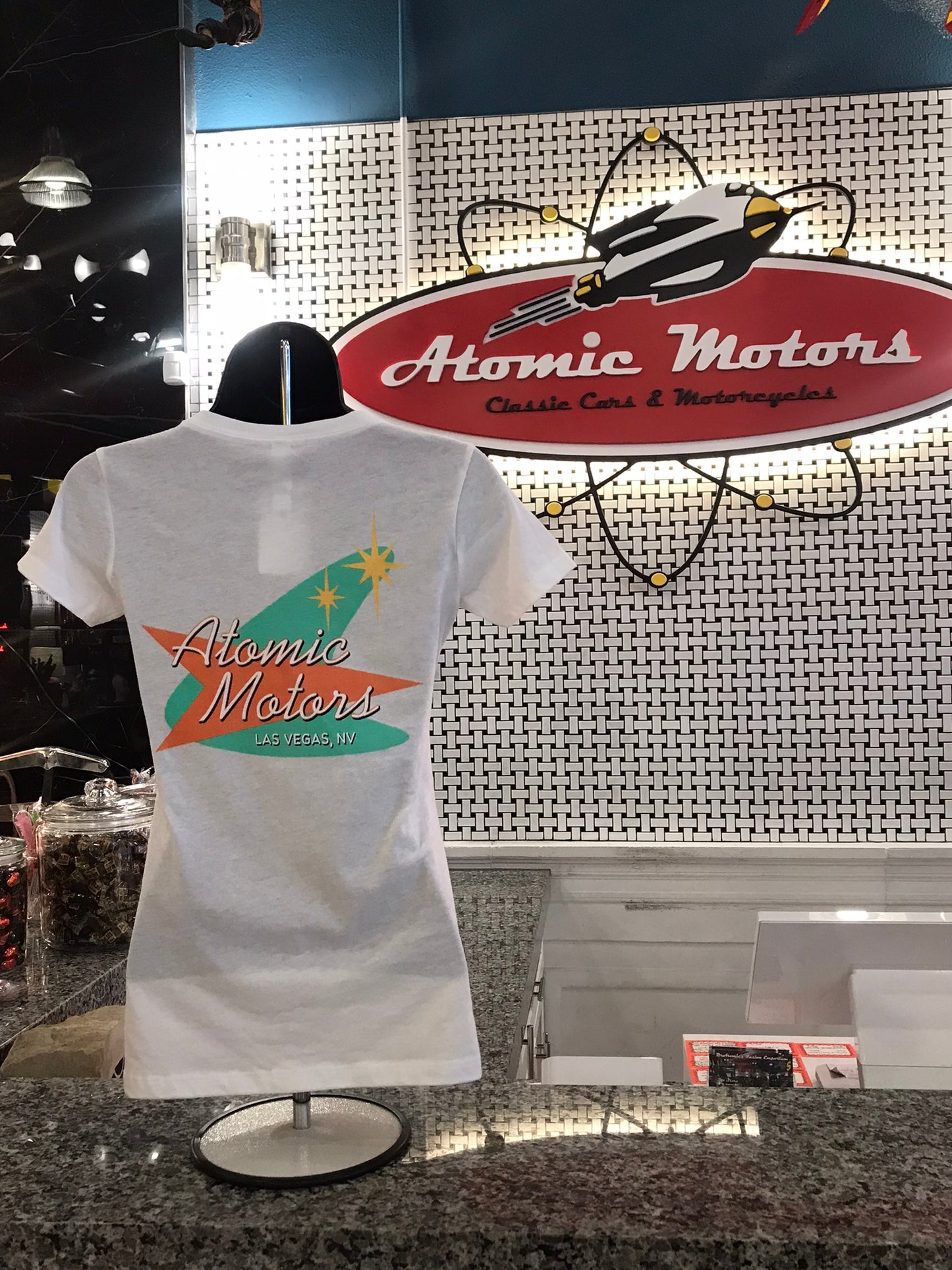 Ladies T-Shirt,Atomic Motors Retro Logo,V-Neck,White