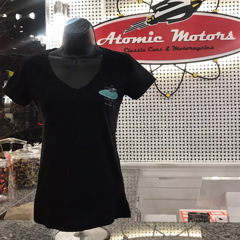 Ladies T-Shirt,Atomic Motors Retro Logo,V-Neck,Black