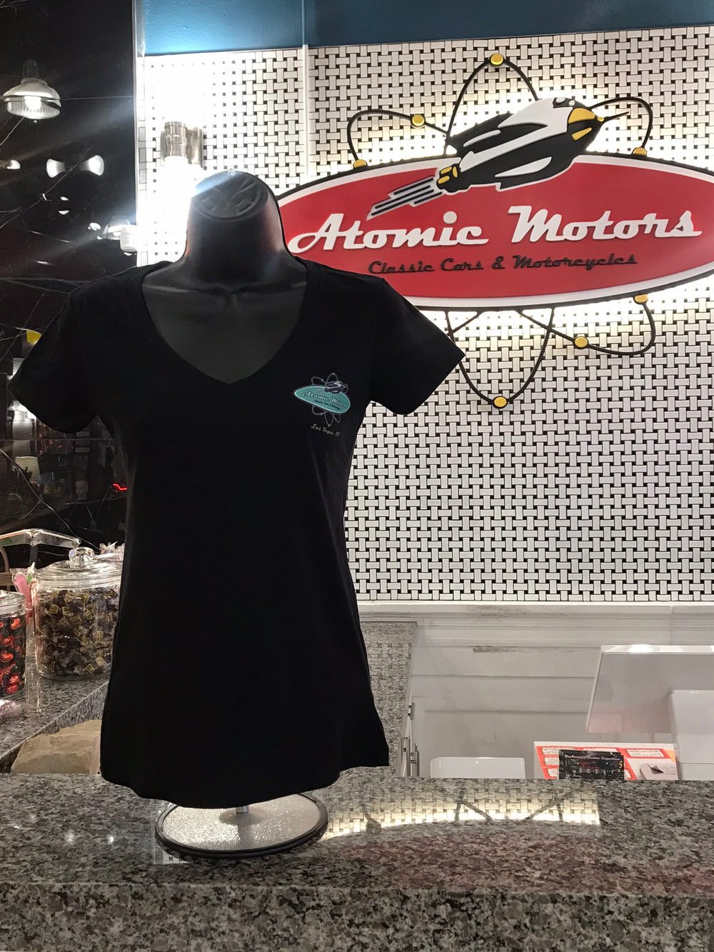 Ladies T-Shirt,Atomic Motors Retro Logo,V-Neck,Black