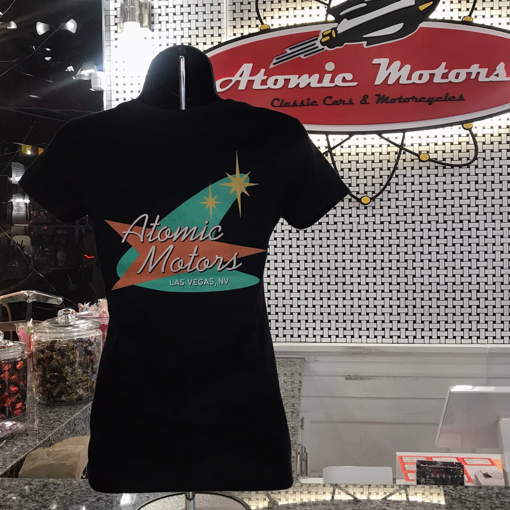Ladies T-Shirt,Atomic Motors Retro Logo,V-Neck,Black