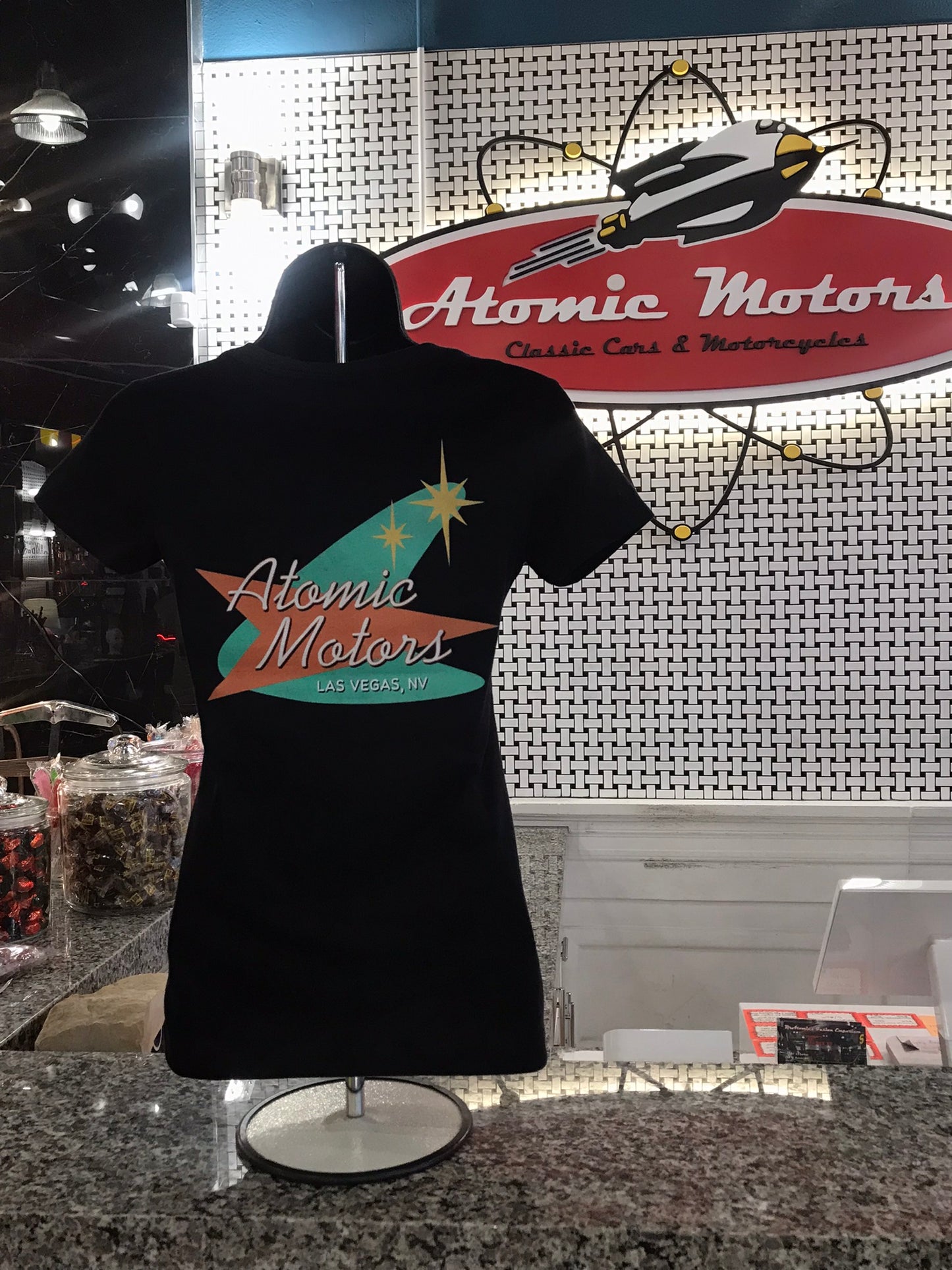 Ladies T-Shirt,Atomic Motors Retro Logo,V-Neck,Black