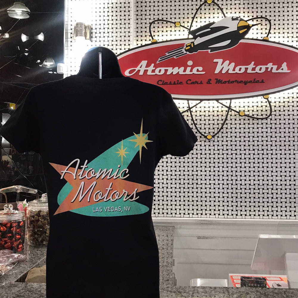 Ladies T-Shirt,Atomic Motors Retro Logo,Black