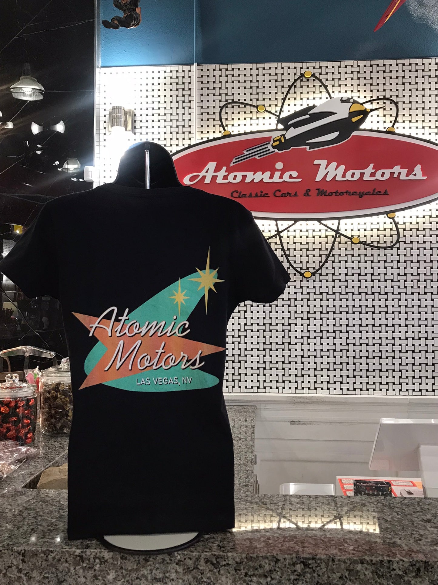 Ladies T-Shirt,Atomic Motors Retro Logo,Black
