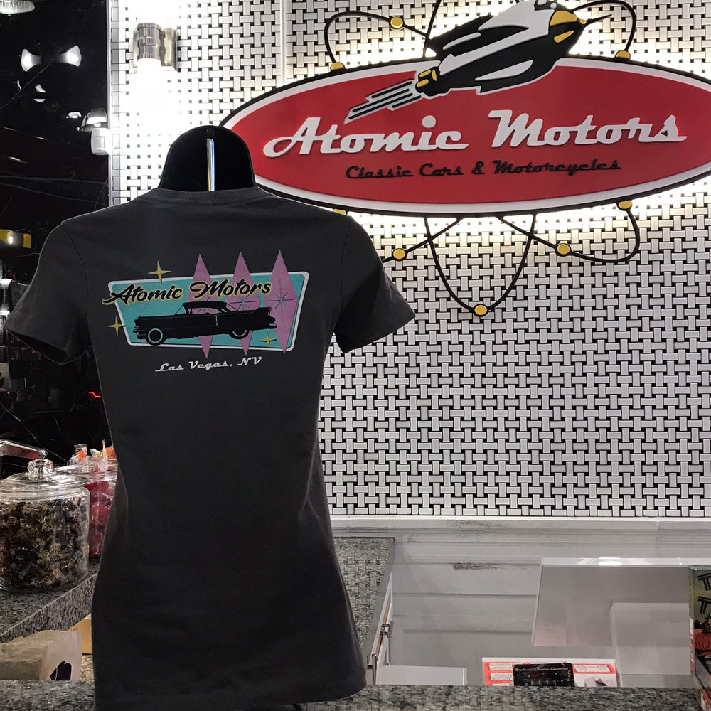 Ladies T-Shirt, Atomic Motors Retro Star Vehicle,Dark Grey