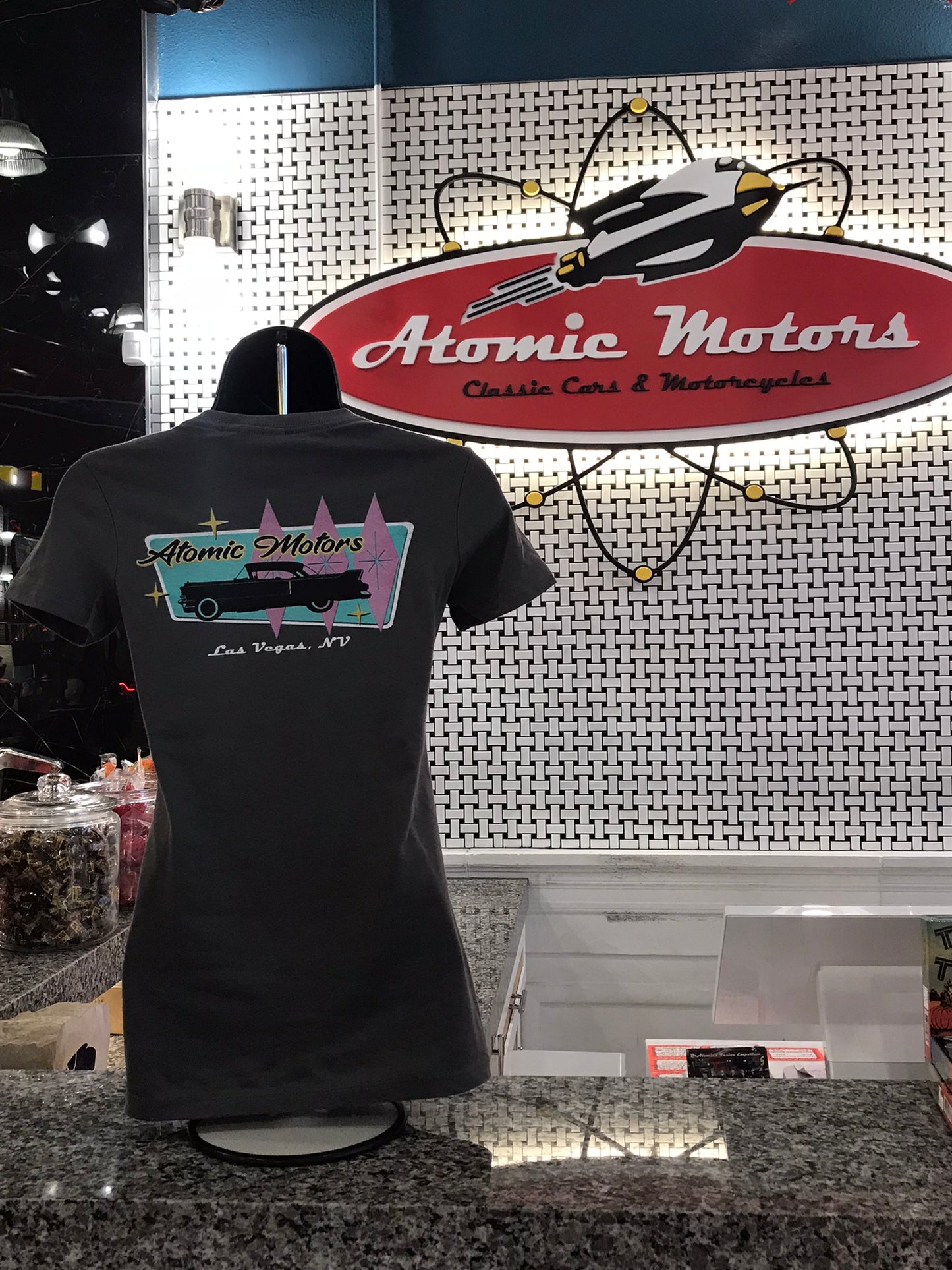 Ladies T-Shirt, Atomic Motors Retro Star Vehicle,Dark Grey