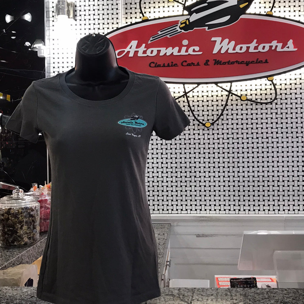 Ladies T-Shirt, Atomic Motors Retro Star Vehicle,Dark Grey