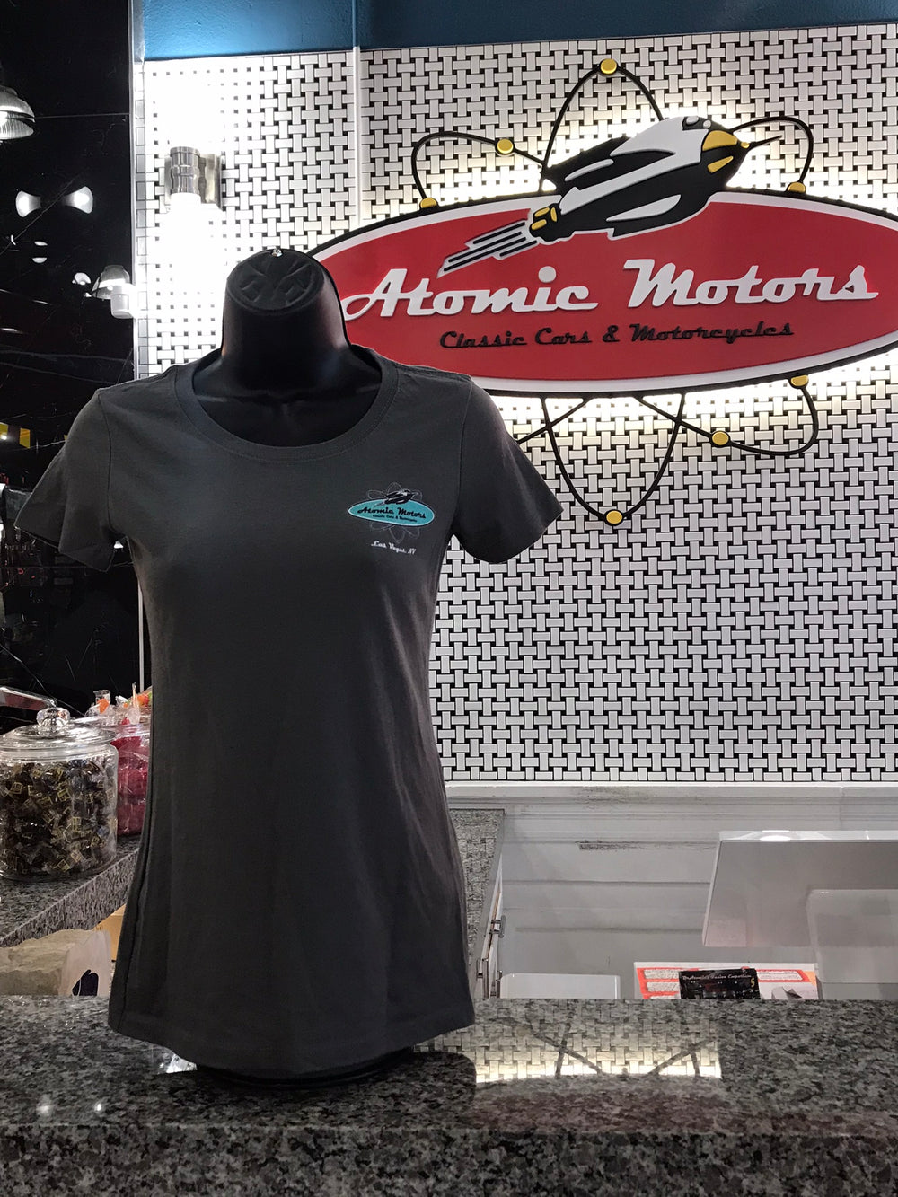 Ladies T-Shirt, Atomic Motors Retro Star Vehicle,Dark Grey