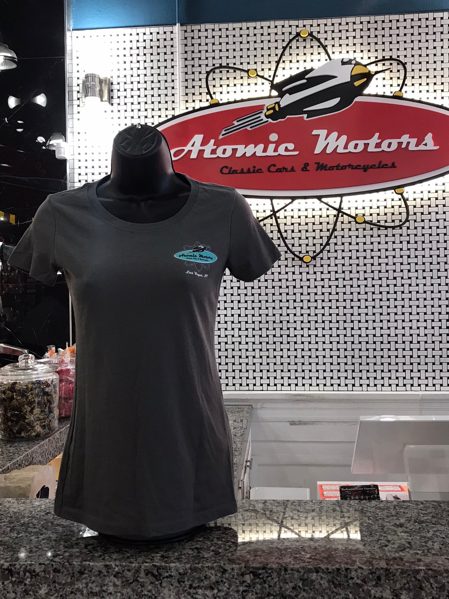 Ladies T-Shirt, Atomic Motors Retro Star Vehicle,Dark Grey